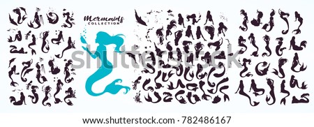 Set: ink sketch collection of mermaids and siren creator, isolated on white. Hand drawn realistic sketch of singing, sitting, floating, dancing... mermaid and sea life. Vector illustration.