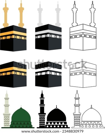 Kaaba, Mecca and Madina Pak Islamic sacred Masjid-Al-Haram on white background. Mosque Kingdom of Saudi Arabia icon set use for islamic logos, web, app, and other social media website.