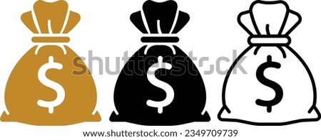 Money bag icons set in flat style vector icons set isolated on white background. Golden, black and line Coin sack sign business concept with dollar sign. Collection use for web and app.