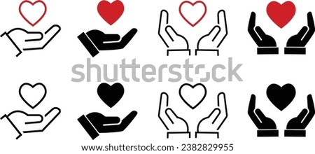 Heart in hand icons set. Hands holding heart icon. Love icon. Health, medicine symbol. Healthcare hands holding heart flat and line style stock vector collection isolated on transparent background.
