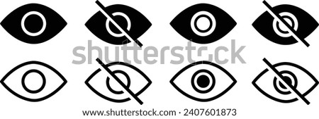Eye icon set. See and unsee symbol. Retina scan eye sign. Privacy and block flat or line vector collection isolated on transparent background incognito mood icon Hidden from view avoid eye for web app