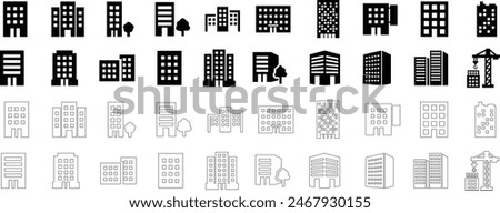 Building icon set containing house, office, bank, school, hotel, shop, university, city, real estate and hospital symbol. Solid flat and line black vector collection isolated on transparent background