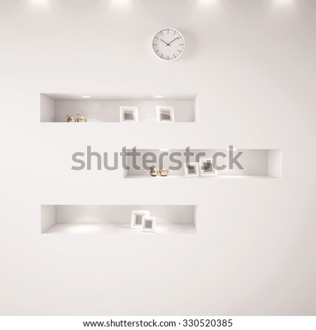 White shelfs with lights, clock, empty photos. 3d render Photo stock © 