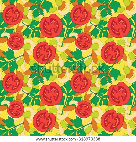 Seamless pattern with cherry tomatoes, parsley, cashews, almonds and pumpkin seeds on yellow background.