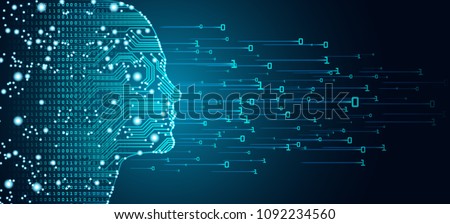 Big data and artificial intelligence concept. Machine learning and cyber mind domination concept in form of women face outline outline with circuit board and binary data flow on blue background. Сток-фото © 