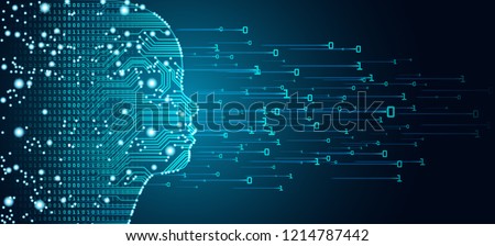 Big data and artificial intelligence concept. Machine learning and cyber mind education concept in form of child face outline with circuit board and binary data flow on blue background.