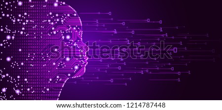 Big data and artificial intelligence concept. Machine learning and cyber mind education concept in form of child face outline with circuit board and binary data flow on purple background.