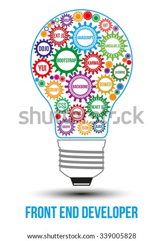 Interconnected colored front end technology gears composed in form of light bulb to symbolize idea of collaborative work to solve any problem. Use for logotypes, business identity, print products.