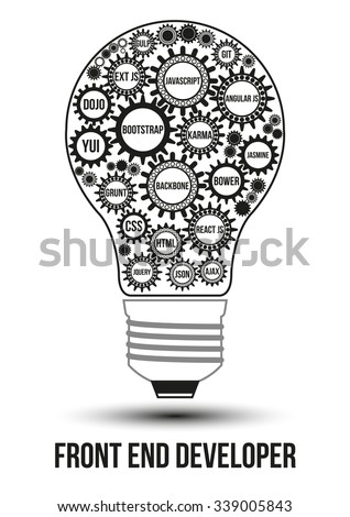 Interconnected black front end technology gears composed in form of light bulb to symbolize idea of collaborative work to solve any problem. Use for logotypes, business identity, print products.