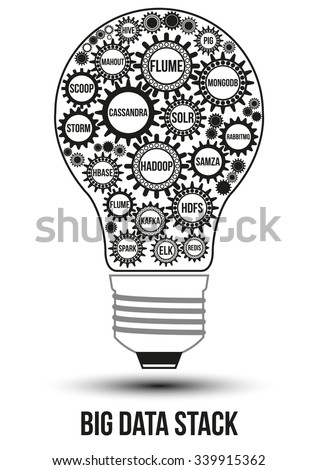 Interconnected black big data technology gears composed in form of light bulb to symbolize idea of collaborative work to solve any problem. Use for logotypes, business identity, print products.