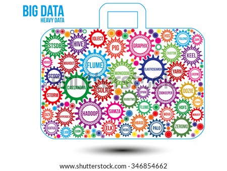 Interconnected colored big data technology gears composed in form of suitcase to symbolize wordplay that big data is heavy data. Use for logotypes, business identity, print products