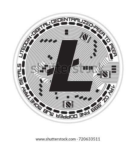 Crypto currency black coin with black lackered litecoin symbol on obverse isolated on white background. Vector illustration. Use for logos, print products, page and web decor or other design.