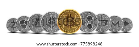 Set of gold and silver crypto currencies with golden bitcoin in front of other crypto currencies as leader isolated on white background. Vector illustration. Use for logos, print products
