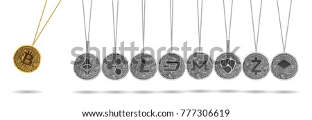 Newton cradle made of gold bitcoin and silver crypto currencies isolated on white background. Bitcoin acceleration of other crypto currencies. Vector illustration. Use for logos, print products