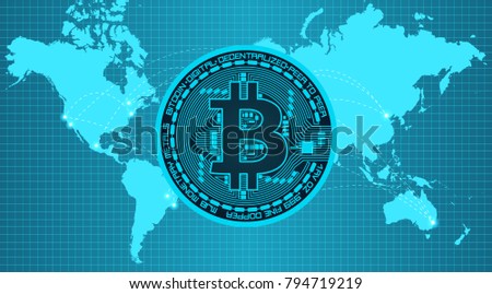 Crypto currency coin with bitcoin symbol on obverse on in trendy blue colors on earth continents background. Vector illustration. Use for logos, print products, page and web decor or other design.