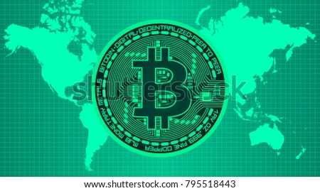 Crypto currency coin with bitcoin symbol on obverse on in trendy green colors on earth continents background. Vector illustration. Use for logos, print products, page and web decor or other design.