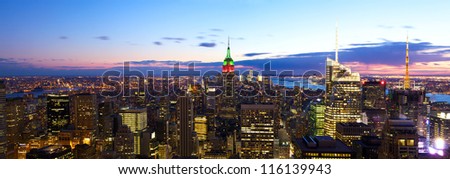 Aerial New York City skyline panorama at dusk with Empire State Building
