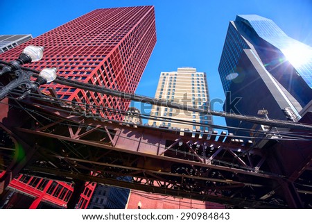 Chicago downtown urban skyscrapers and elevated rails, IL, United States