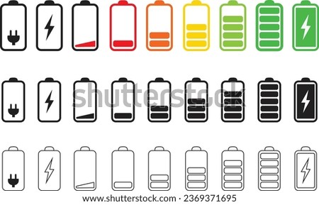 set of vertical flat battery level indicator in percentage. linear Battery indicator symbols. colorful Battery level from 0 to 100 percent isolated on transparent background.