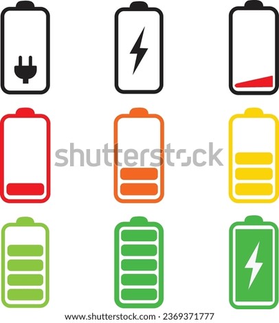 set of vertical flat battery level indicator in percentage. Battery indicator symbols. colorful Battery level from 0 to 100 percent isolated on transparent background.