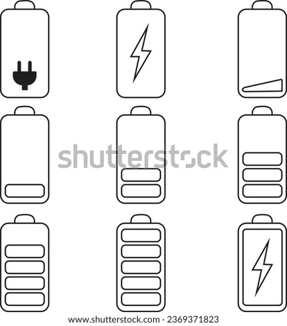 set of vertical line battery level indicator in percentage. Battery indicator symbols. black Battery level from 0 to 100 percent isolated on transparent background.