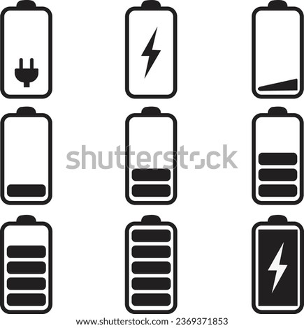 set of vertical flat battery level indicator in percentage. Battery indicator symbols. black Battery level from 0 to 100 percent isolated on transparent background.