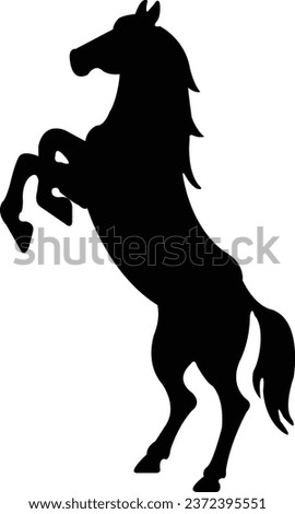 Black flat silhouette of a rearing horse. Prancing stallion pricked up its ears. Vector design element for equestrian goods isolated on transparent background.
