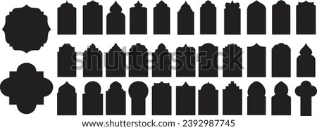Set of Black Fill Shapes Islamic doors and windows silhouette Arabic arch. Pattern in oriental style. Frame in Arabic Muslim designs for Ramadan. Mosque gate shapes isolated on Transparent background.