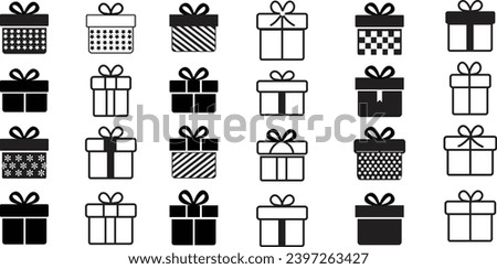 Gift boxes with ribbon icons Set. Gift box icons in Trendy Flat style. Surprising gift boxes, Gift wrapping simple black symbols signs editable stock for apps and websites on transparent background.