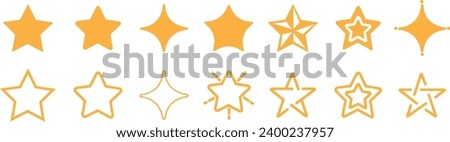 Set of Yellow flat Stars Icons. Minimalist silhouette stars with editable stock. Modern geometric elements, shining stars, abstract sparkle silhouettes symbols Collection on transparent background.