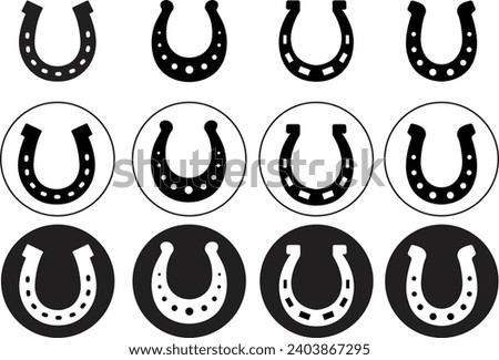 Set of Horseshoe icons. Black Fill silhouettes of horseshoes on transparent background. Horseshoes logos suitable for company logo, print, digital, icon, apps, and other marketing material purpose.