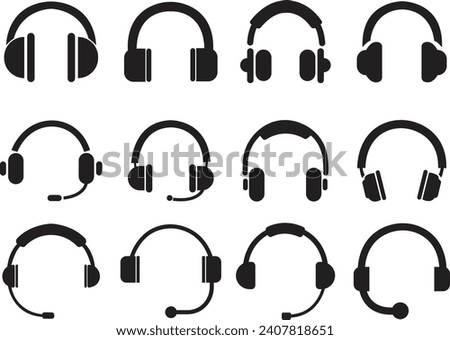 Set of Headphones earphone icons black Filled style for web site designs and mobile dark mode apps Vectors on a transparent background. headphones music speakers icons. Customer service support.