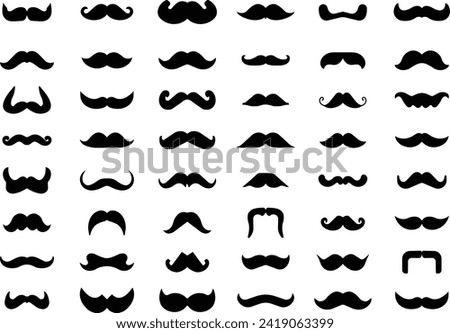 Set of Moustache icons. Whisker icons. Black Fill silhouette of adult man moustaches. Symbols of Fathers day. Barber symbols isolated on transparent background for Website page and mobile app designs.