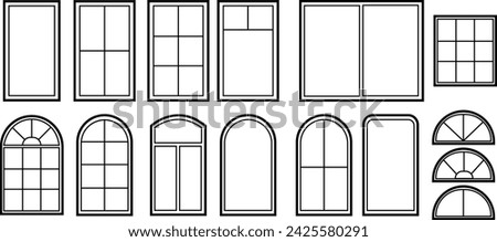 Se of Window frames. Silhouette of window. Outline icons of house and building. Decorative arch and frame for office, architecture. Closed balcony in wall. Editable exterior on transparent background.