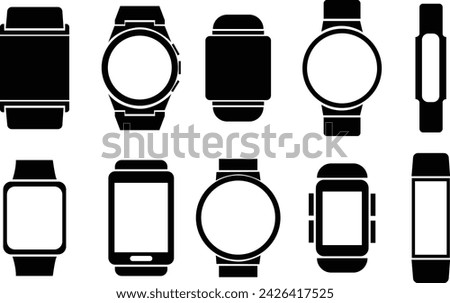 Set of Smart hand watches with bracelet vectors icons in Fill Styles. Smartwatch symbols. Clock icons. Wristband or Wristwatches on transparent background. Smartwatch designs for apps and websites.