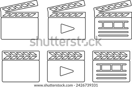 Clapperboard icons Set. Movie shooting clapper board vectors. Film cinema or tv clapperboard symbols. cinema action scene cut clap board signs in line styles editable stock on transparent background.