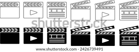 Clapperboard icons Set. Movie shooting clapper board vectors. Film cinema or tv clapperboard symbols. cinema action scene cut clap board signs in flat styles editable stock on transparent background.