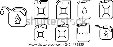 Set of Fuel can icons in black Line styles with editable stock. Handle jerry can. Petrol and Gasoline jerry can signs. Car petrol symbols. Gallons. Auto industry vectors on transparent background.