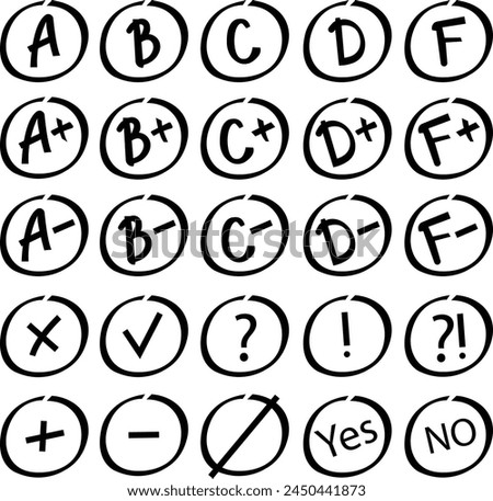 Set of Grade results icons. Hand drawn vectors grades in circle. Examination result signs. Education school graphic black grade icons symbols flat illustration isolated on transparent background.