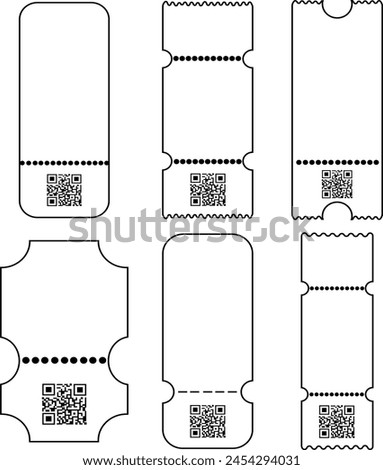 Ticket, Coupon, Raffle template with QR Code outline icon Set. Paper mockup for event, cinema, theater, movie, concert and airplane travel. Invitation, Lottery, vintage Card on transparent background.