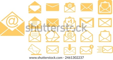 Mails icons Set. Vectors Yellow flat designs, adapted e-mail icons for web sites and mobile apps. Open envelope, message pictogram. Email, post, letter, envelopes isolated on transparent background.