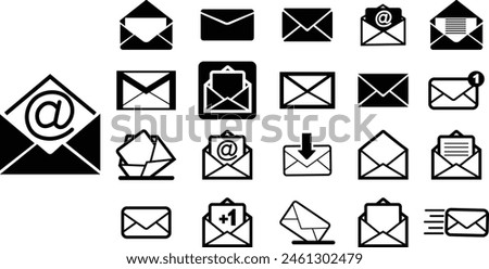 Mails icons Set. Vectors in black flat designs, adapted e-mail icons for web sites and mobile apps. Open envelope, message pictogram. Email, post, letter, envelopes isolated on transparent background.