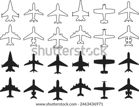 Set of Airplane icons. Airplane vectors designed in black flat style editable stock can used for web and mobile app. Flight ticket air fly travel takeoff silhouette elements on transparent background.