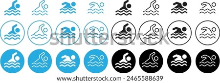 Set of black and blue Swimmer icons. Swim icons page symbols for your web site designs. Concept of swimming pool, summer competition and more in flat styles editable stock on transparent background.