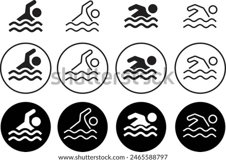 Set of black Swimmer icons. Swim icons page symbols for your web site designs. Concept of swimming pool, summer competition and more in trendy flat style with editable stock on transparent background.