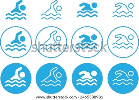 Set of blue Swimmer icons. Swim icons page symbols for your web site designs. Concept of swimming pool, summer competition and more in trendy flat style with editable stock on transparent background.