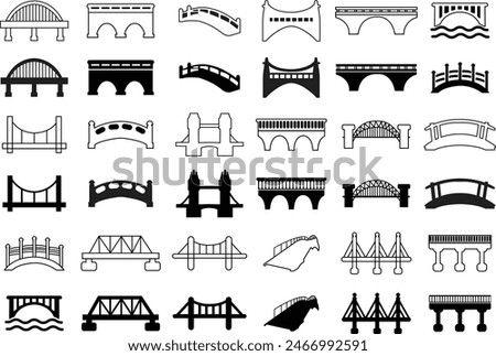 Set of Bridge icons. Concept of place, visual identity, real estate contour, suspension bridges. Possible use in infographic. Flat styles editable stock brand graphic art on Transparent background.