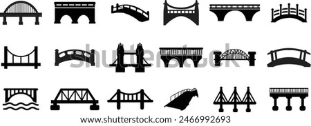 Set of Bridge icons. Concept of place, visual identity, real estate contour, suspension bridges. Possible use in infographic. Fill styles modern brand graphic art designs on Transparent background.