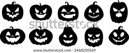 Set of Black fill Smiling cartoon lantern faces. Cute Halloween Pumpkin icons. Halloween pumpkin day symbols. Halloween holiday characters in the shapes of pumpkin isolated on transparent background.