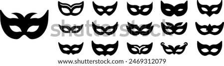 Set of Carnival masks silhouettes. Black fill icons of masquerade mask for party, parade and carnival for Mardi Gras and Halloween. Fantasy ornate face masks symbol elements on transparent background.